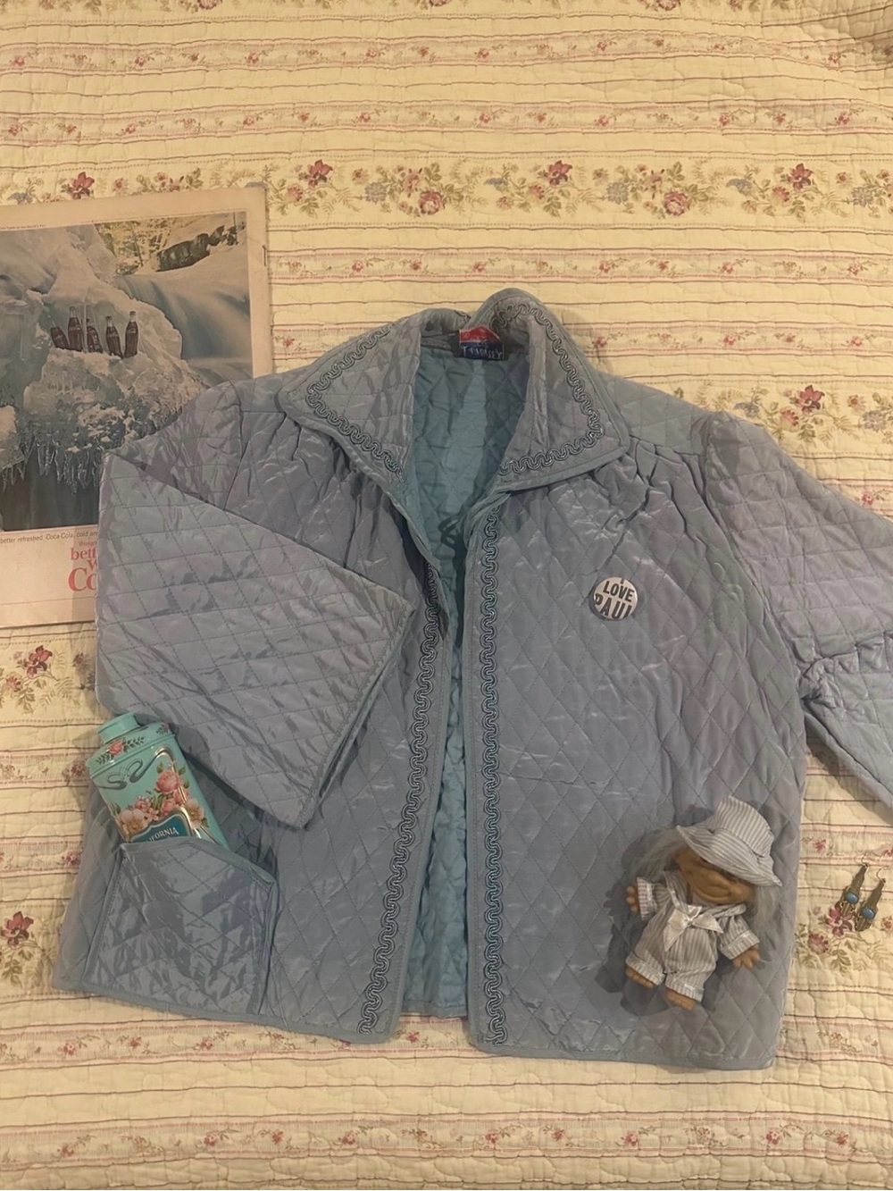True Vintage 70s Quilted Blue Jacket Satin Piping Trim Cropped Coat Small Med